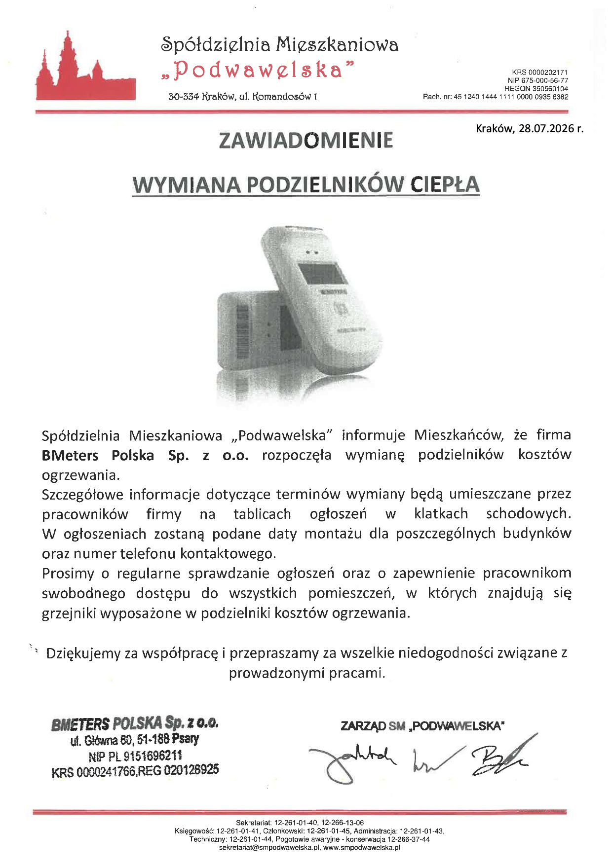 Ogloszenie Wymiana podzielnikow